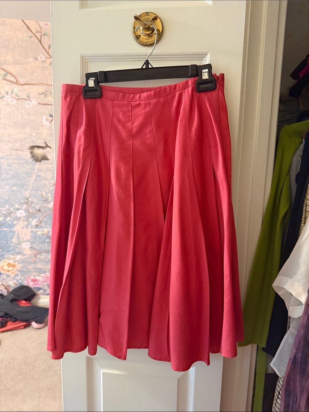 Ann Taylor Coral-Red A-Line Pleated Midi Skirt
